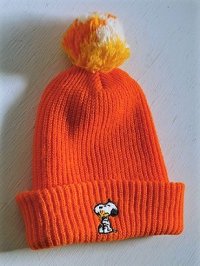 SNOOPY PEANUTS　 HI-BULK ORLON　SKI HAT WITH POM POM　  スヌーピー＆ウッドストック　キッズポンポン付ニット帽　 color オレンジ