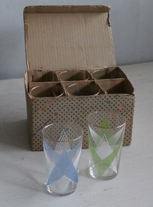 画像1: SASAKI GLASS  ラバーコーティンググラス　幾何学模様 /ゴールドリム  箱入り6pcグラスセット　 color: 青/緑