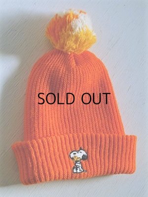 画像1: SNOOPY PEANUTS　 HI-BULK ORLON　SKI HAT WITH POM POM　  スヌーピー＆ウッドストック　キッズポンポン付ニット帽　 color オレンジ