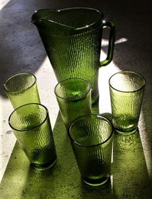 画像1: BARTLETT COLLINS　U.S.A.  カラードガラス  ピッチャー＆タンブラー(グラス）  6pcセット(ピッチャー:1個/タンブラー5個)  color: フォレストグリーン