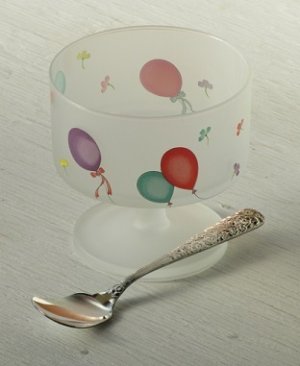 画像1: ガラスデザートグラス  バルーンプリント  スプーン(フラワーデザイン） FRANCE  各1セット